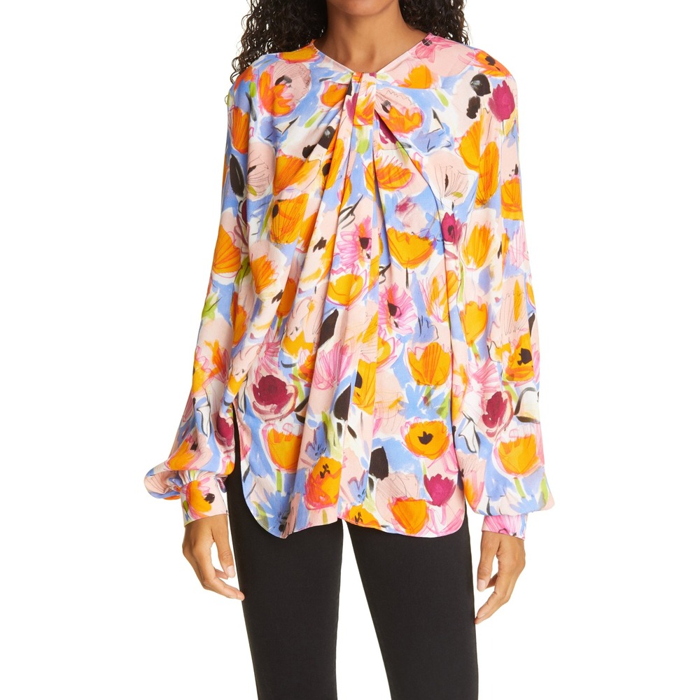 Rachel Comey Soon Floral Blouse Draped Front Long Sleeve Pink‎ Orange Blue Top 0
